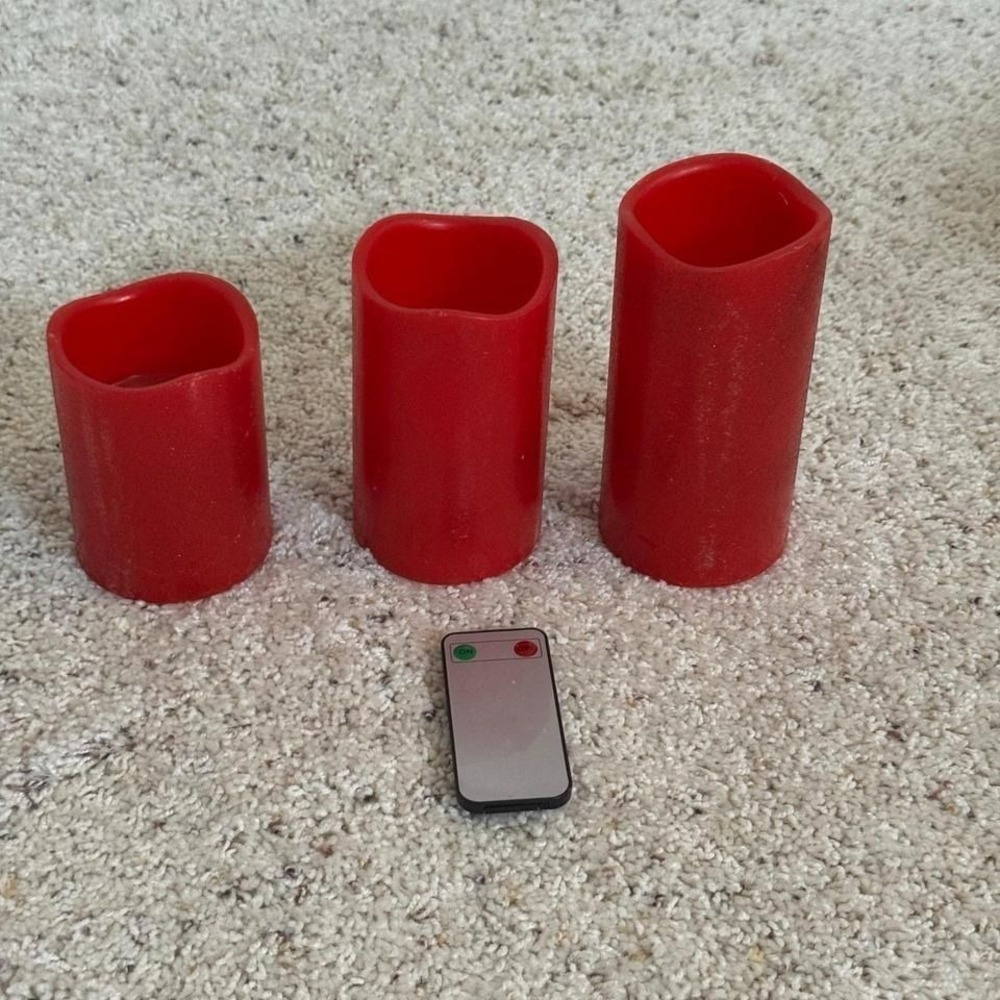 Red Glitter Flameless LED Pillar Candles with Remote Set of 3 Holiday Decor